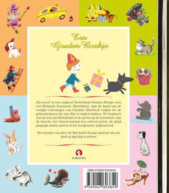De achterkant van 'Een Gouden Boekje' met illustraties van een jongen met een hoed, een hond en cadeautjes, omringd door diverse dieren.
