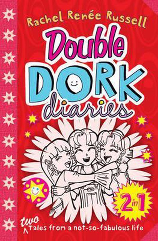 Boekomslag 'Double Dork Diaries' met Rachel Renée Russell. Drie meisjes omhelzen elkaar, met tekst '2 in 1' en 'two Tales from a not-so-fabulous life'.