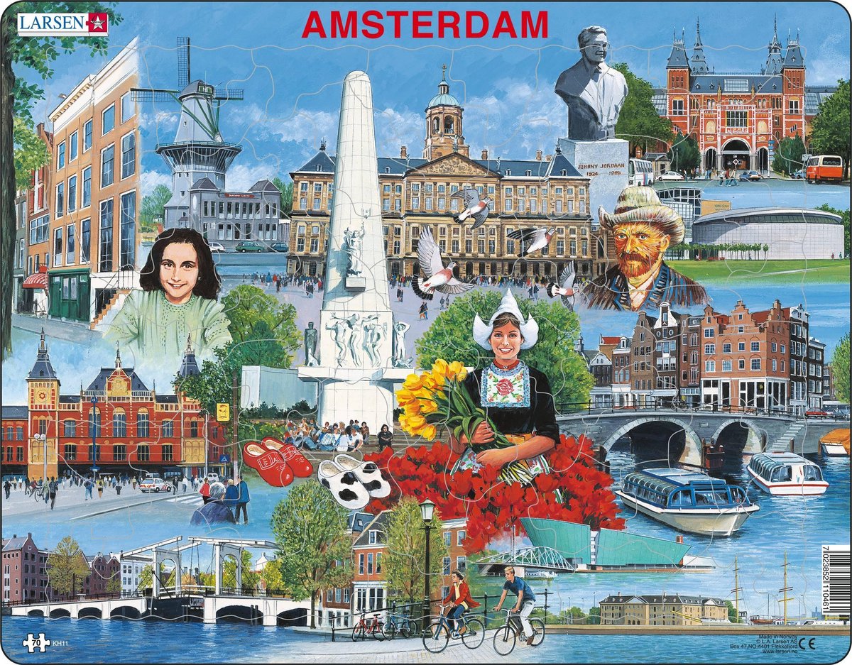Larsen Amsterdam toeristische hoogtepunten – Puzzel – Kaarten & Geografie – Nederland – Educatieve legpuzzel voor kinderen – 66 stukjes – Gemaakt in Noorwegen – Extra dikke 2,5 mm stukjes – Tray met vaste rand