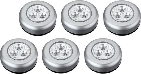 Luxe Zilveren Zelfklevende LED Druklampen Set - 6 Stuks | Werkt Zonder Stopcontact |3 LED per Mini Spot Lamp | Push Light | Druk Lamp | Licht voor Voorraadkasten | Tenten | Auto's en Boten