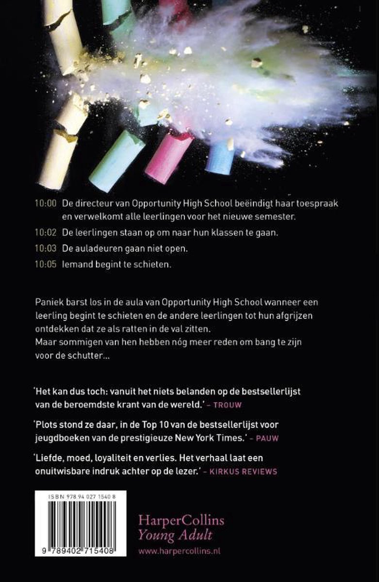 Boekomslag met gebroken krijtjes die stof veroorzaken, op een zwarte achtergrond. Titel: 54 minuten.