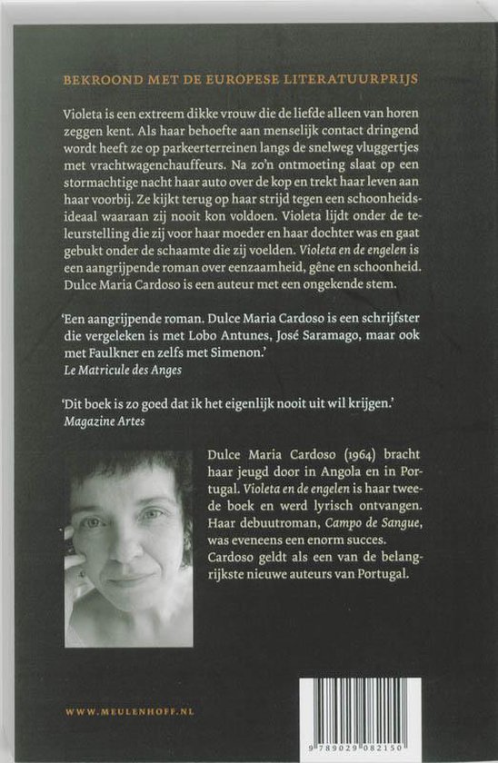 Portret van schrijfster Dulce Maria Cardoso, met achtergrondtekst over de roman 'Violeta en de Engelen'.