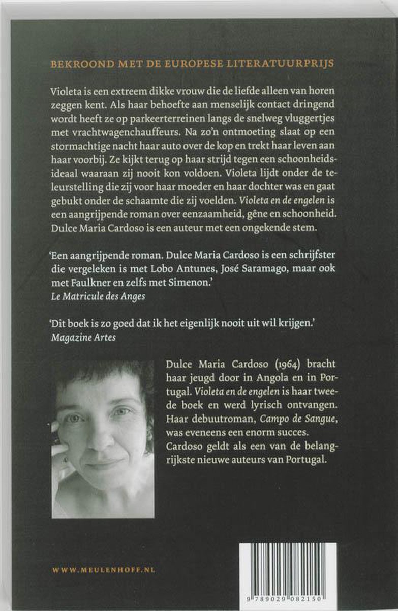 Portret van schrijfster Dulce Maria Cardoso, met achtergrondtekst over de roman 'Violeta en de Engelen'.