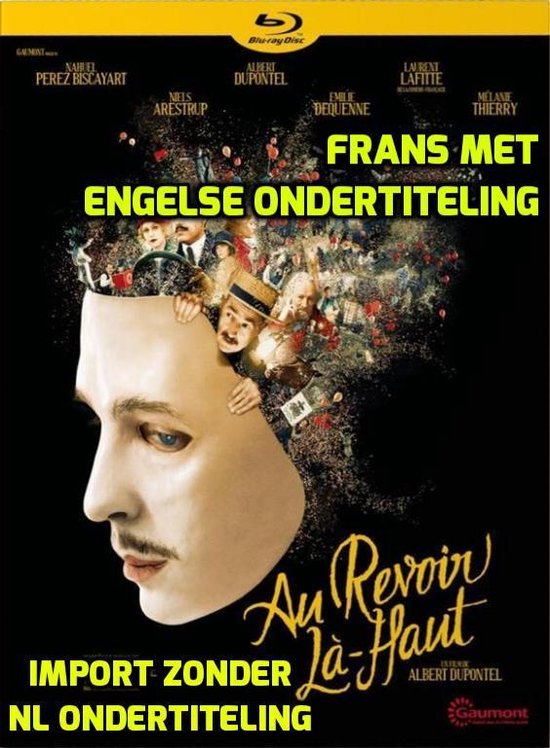 Blu-ray hoes: Franse tekst, portret van een man, 'Au revoir là-haut' titel, met tekst 'Frans met Engelse ondertiteling'.