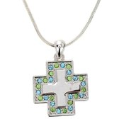 Zilver-kleurige ketting met kruis met groen en blauwe steentjes