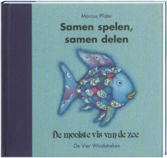 Boek "Samen spelen, samen delen" met een blauwe vis met glitter op de kaft.