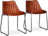Eetkamerstoelen echt leer met strepen bruin 2 st (incl. vloerviltjes)