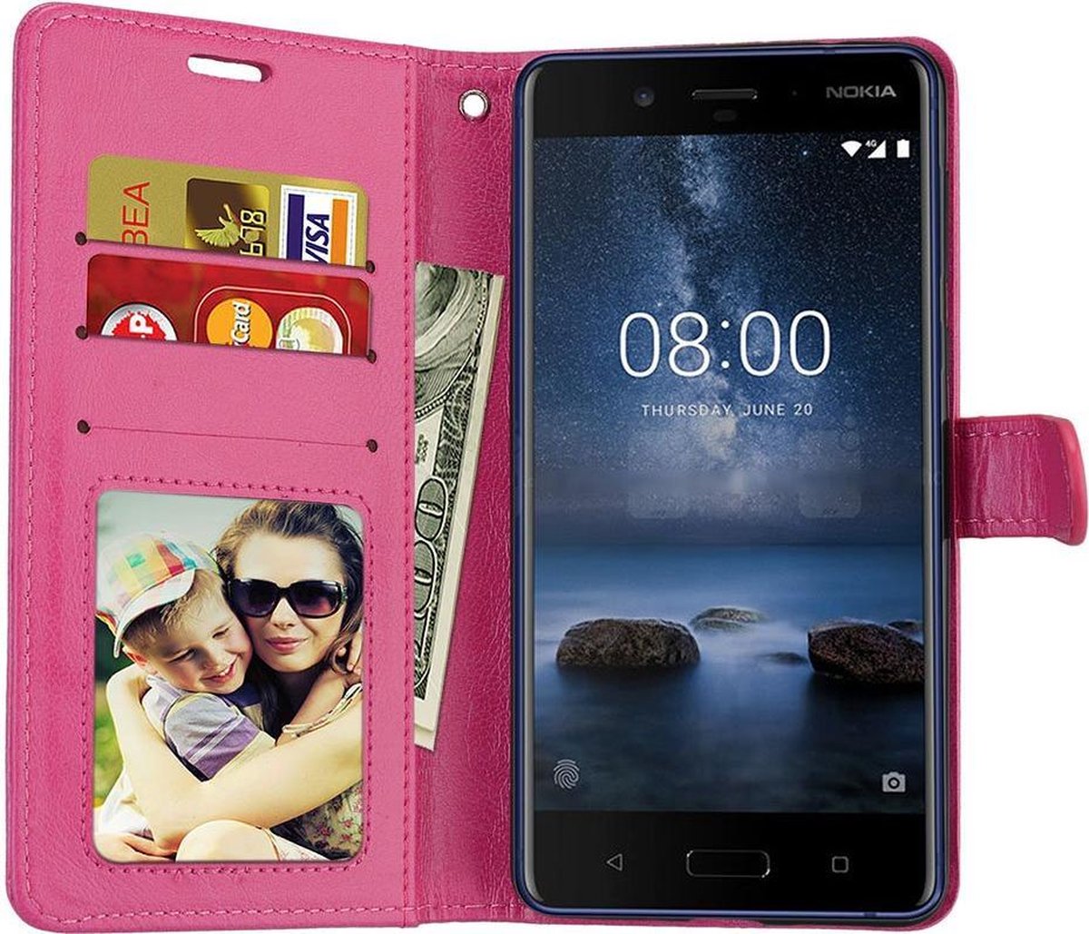 Telefoonhoes Geschikt voor: Nokia 8 2018 portemonnee hoesje - Roze