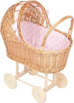 Rieten poppenwagen met kap - Bekleding Zachtroze met stipjes - houten wielen