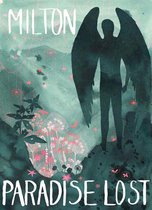 Couverture du livre 'Paradise Lost' de Milton, avec une silhouette d'ange aux ailes déployées, sur fond de montagnes et d'étoiles roses.
