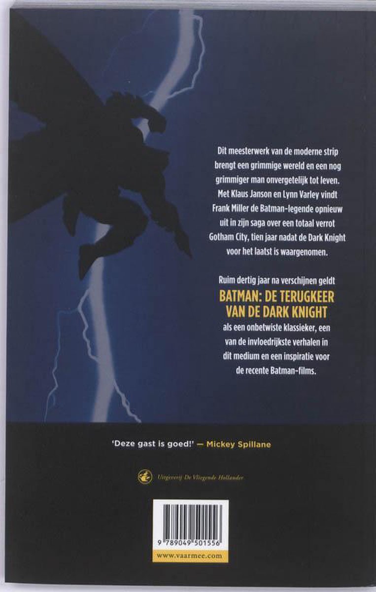 Achterkant boek 'Batman: De Terugkeer Van De Dark Knight'. Silhouet van Batman vliegt tegen bliksem. Tekst in het Nederlands.