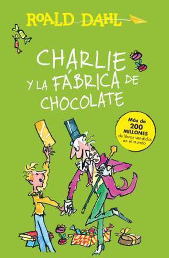 Boek 'Charlie en de Chocoladefabriek' van Roald Dahl met illustratie van Willy Wonka en Charlie