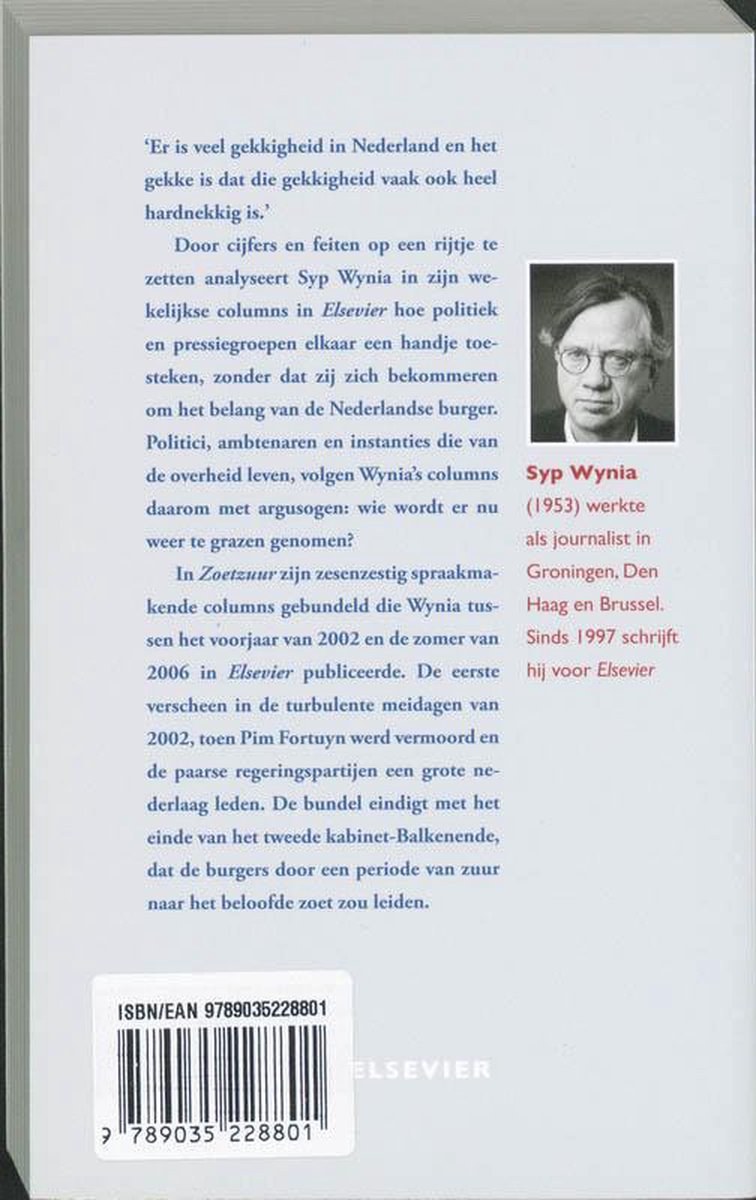 Achterkant van het boek 'Zoetzuur' met een foto van Syp Wynia.