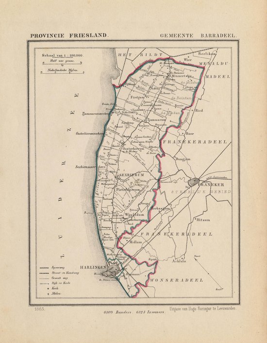 Afbeelding van Historische kaart, plattegrond van gemeente Barradeel in Friesland uit 1867