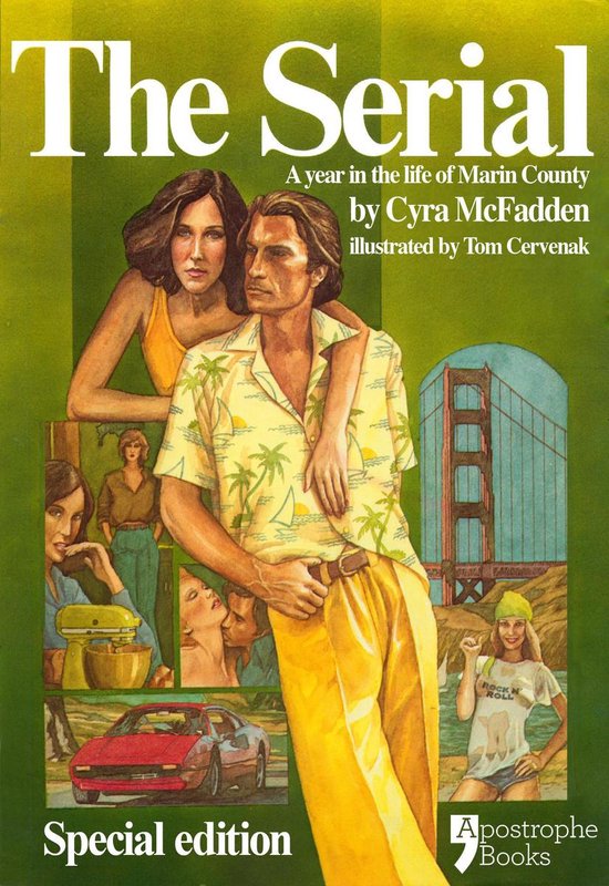 Boekomslag: "The Serial" met een man in een Hawaï-shirt en een vrouw, met kleinere afbeeldingen van een rode auto, een mixer en de Golden Gate Bridge.