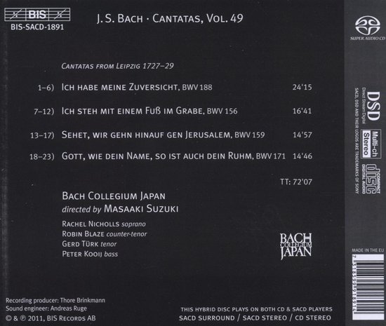 CD hoes met titel J.S. Bach Cantatas, Vol. 49. Tekst in het Nederlands en Engels.
