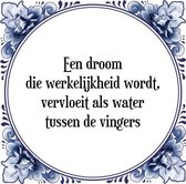 Tegeltje met Spreuk (Tegeltjeswijsheid): Een droom die werkelijkheid wordt, vervloeit als water tussen de vingers + Kado verpakking & Plakhanger