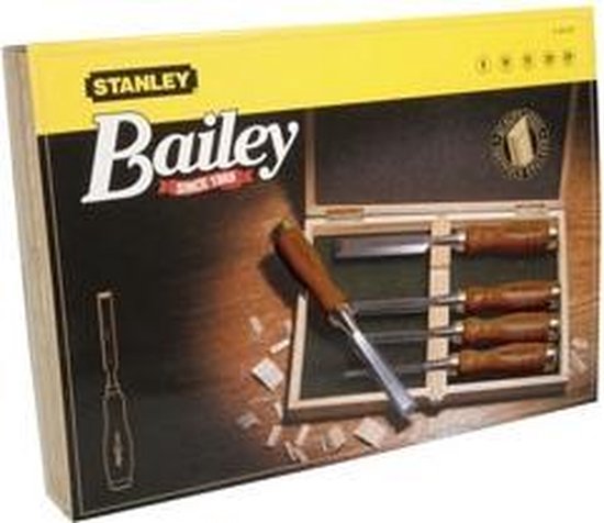 Stanley Bailey set met 5 beitels in een houten kist, met op de gele verpakking een afbeelding van de beitels.