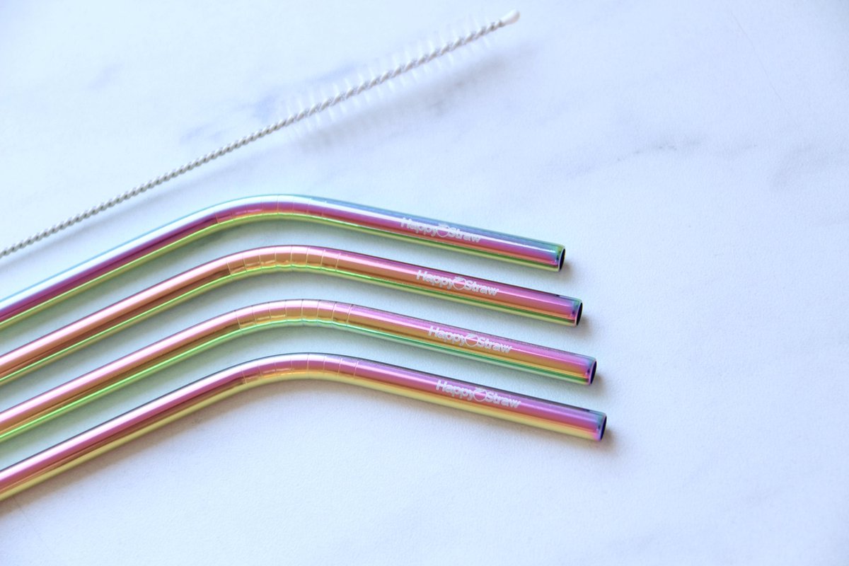 Afbeelding van product Happy Straw - roestvrijstalen rietjes / Kerst rietjes REGENBOOG kleur x 4 (incl. schoonmaak borsteltje)