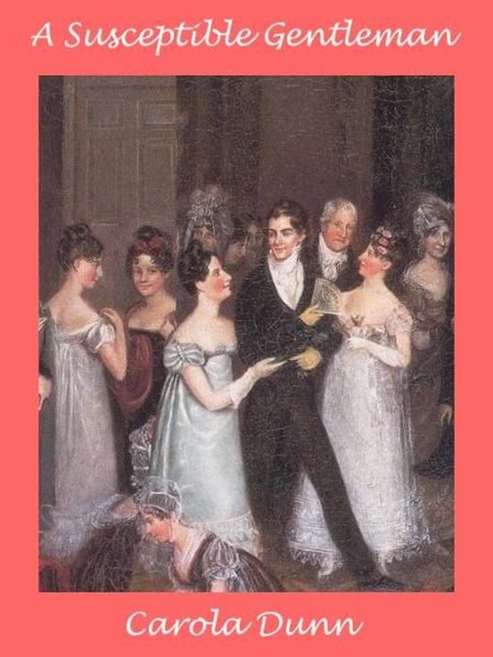 Boekomslag van "A Susceptible Gentleman" door Carola Dunn, met een schilderij van een balzaalscène met mensen in 19e-eeuwse kleding.