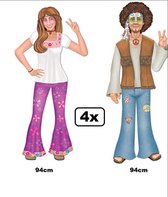 4x Wanddecoratie Hippie man/vrouw deco karton 94cm met beweegbare benen en armen - Disco hippy thema feest party festival