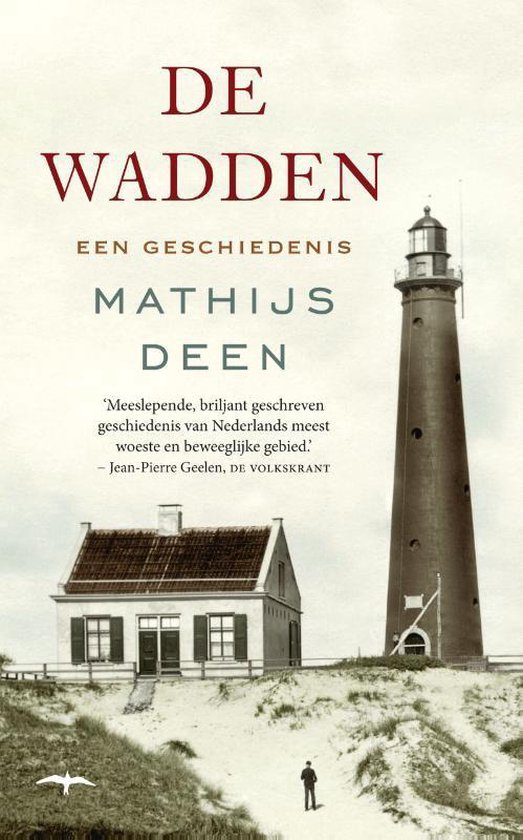 Boek 'De Wadden' met een vuurtoren en een huisje op een zandduin, met in het midden de titel en auteursnaam.