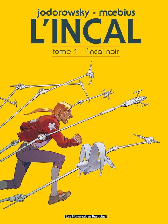 Bande dessinée L'Incal, tome 1, L'Incal noir. Un homme à la veste rouge et au bandeau jaune court, poursuivi par des créatures mécaniques futuristes sur fond jaune.