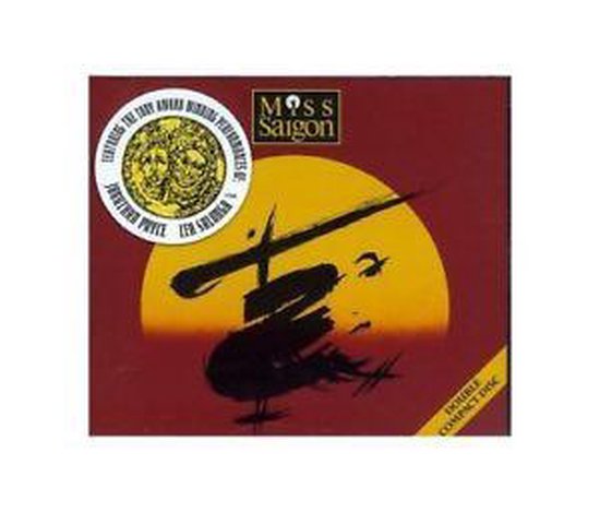 Cassettehoes met de titel 'Miss Saigon'. De achtergrond is rood met een gele zon en een zwarte helikopter.