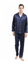 Heren zijden pyjama set (lange mouwen, lange broek), Marine blauw, S