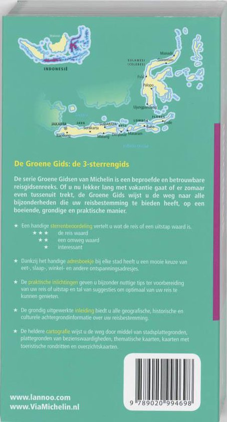 Achterkant van de 'De Groene Gids: de 3-sterrengids' met kaart van Indonesië en een beschrijving van de inhoud.