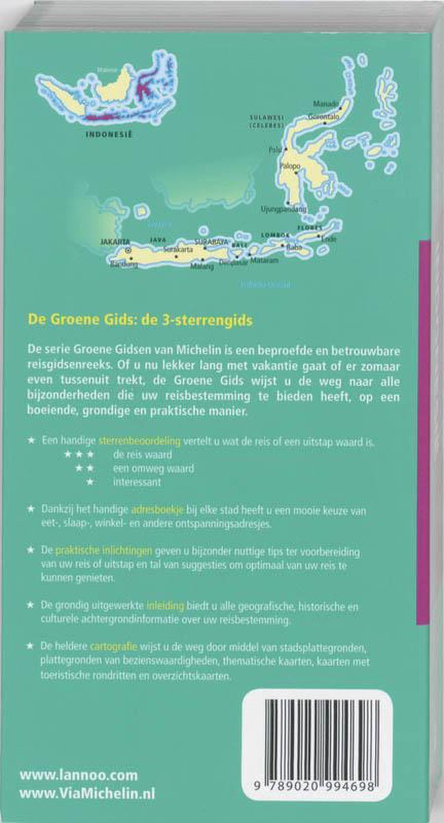 Achterkant van de 'De Groene Gids: de 3-sterrengids' met kaart van Indonesië en een beschrijving van de inhoud.