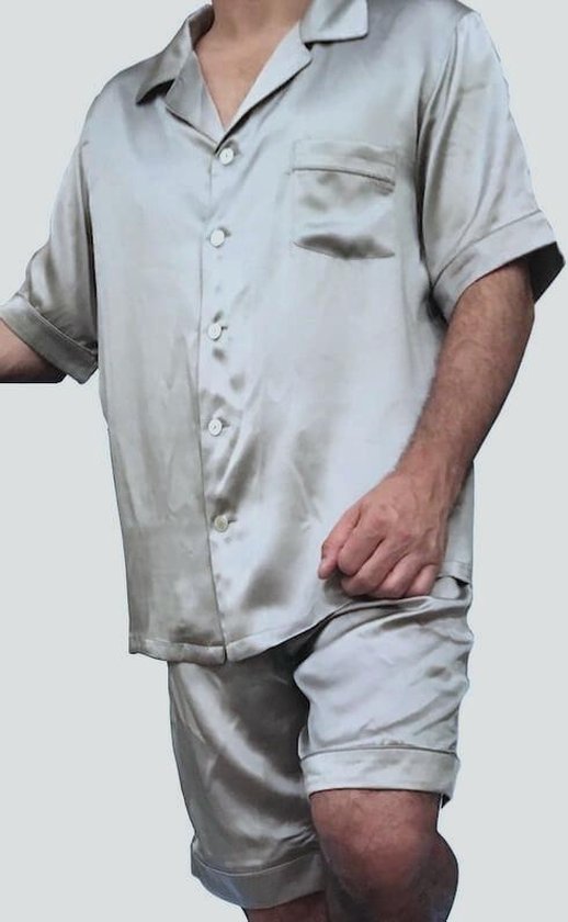 Heren zijden pyjama set (korte mouwen, korte broek), Parelmoer grijs, XL