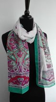 Dames sjaal - chiffon - turkoois - zacht groen - wit - paisley motieven - 50 x 150 cm