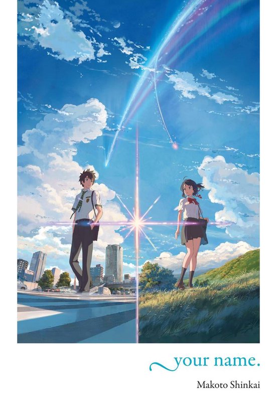 Jongen en meisje in schooluniformen kijken naar de hemel met een komeet, 'your name. Makoto Shinkai'.