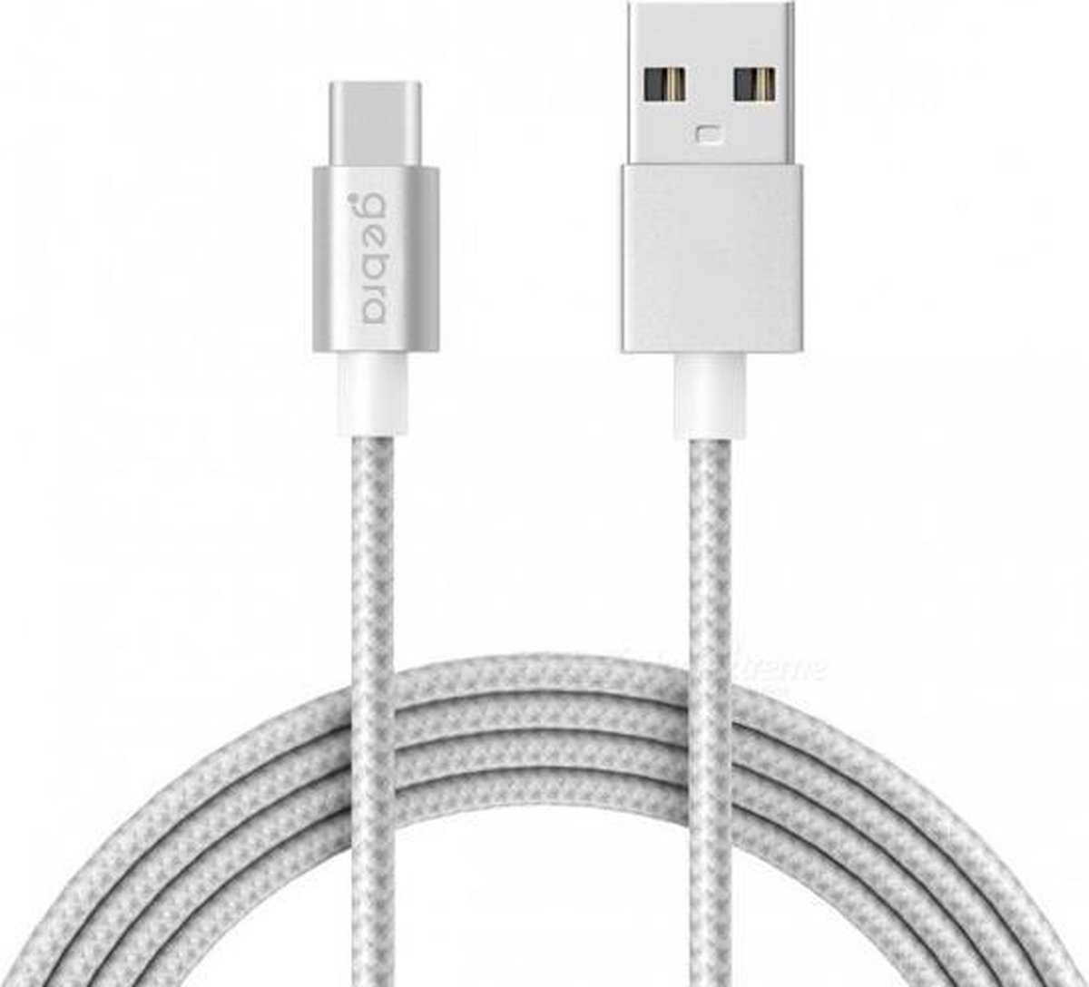 Gebra Gevlochten USB Type C Kabel naar USB Oplader o.a. Samsung Galaxy S9+ | 1 meter | Zilver | Topkwaliteit