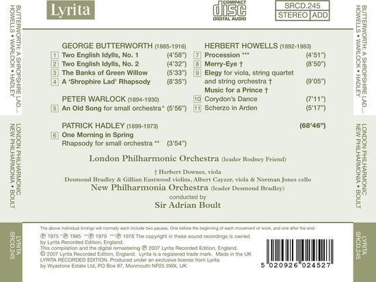 CD-hoes met tracklijst voor Boult Conducts: Butterworth, Howells, Hadley, Warlock op Lyrita.