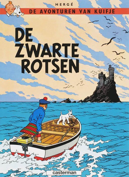 Kuifje en Bobbie in een boot bij de Zwarte Rotsen. Kuifje draagt een blauwe jas en een Schotse rok.