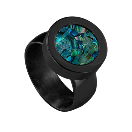 Quiges RVS Schroefsysteem Ring Zwart Glans 16mm met Verwisselbare Blauwe Vlokjes Schelp 12mm Mini Munt