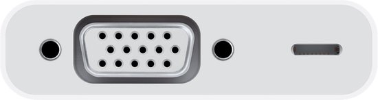Witte adapter met een VGA-poort, twee ronde gaten en een USB-C-poort.