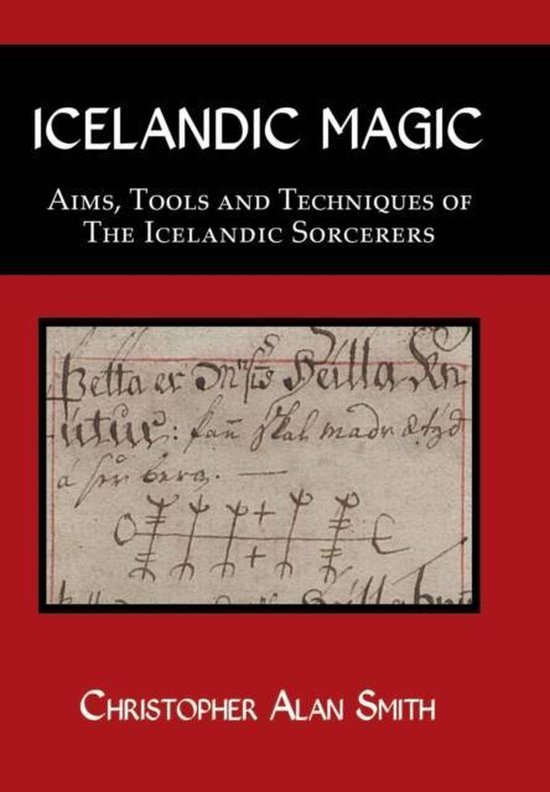 Boek 'Icelandic Magic' met op de cover de tekst 'Aims, Tools and Techniques of The Icelandic Sorcerers' en een afbeelding van oude Noorse runen.