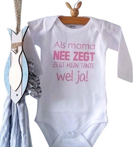 Baby Rompertje met tekst meisje Als mama nee zegt zegt mijn tante wel ja | Lange mouw | wit met roze | maat 74/80