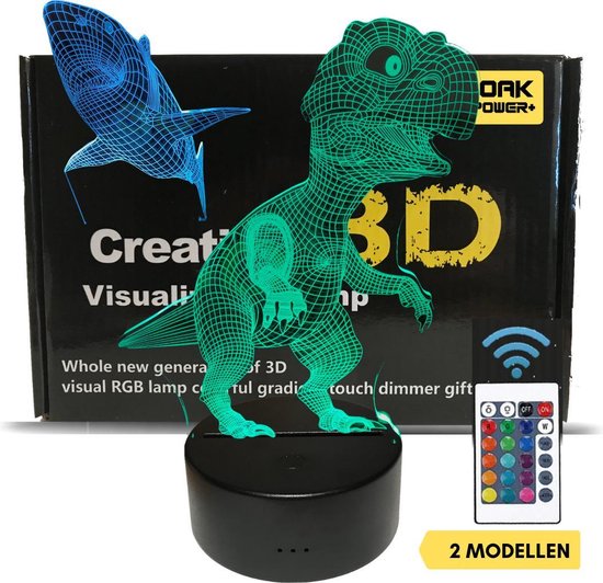 3D Lamp verstelbaar in verschillende kleuren | afstandbediening |Lamp kinderkamer |Haai & Dino |lampen staand
