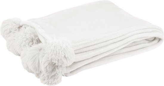 J-Line Plaid Pompom - fleece deken - polyester - wit - 170 x 130 cm - woonaccessoires