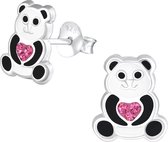 Joy|S - Zilveren panda met roze kristal oorbellen 8 x 10 mm pandabeer met hartje