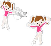 Joy|S - Zilveren ballerina turnster danseres oorbellen 9 x 11 mm roze ballet