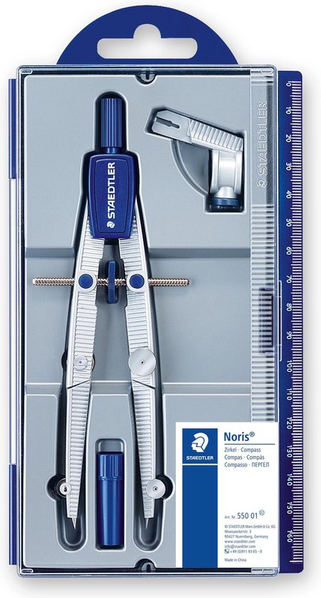 Compas Staedtler Noris en emballage avec règle et porte-mine supplémentaire.