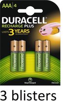 Duracell AAA Oplaadbare Batterijen - 750 mAh - 12 stuks