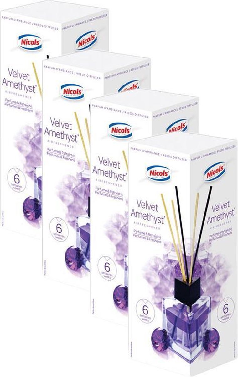 Nicols Luchtverfrisser met geurstokjes - Velvet Amethyst - Huisparfum - Geurdiffuser - 4 x 75ml - voordeelverpakking