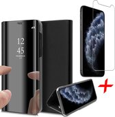 iPhone 11 Pro Max Hoesje + Screenprotector Case Friendly - Spiegel Lederen Book Case - iCall - Zwart