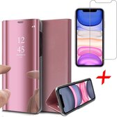iphone 11 hoesje - iphone 11 case spiegel book case cover roségoud - hoesje iphone 11 apple - iphone 11 hoesjes cover hoes - 1x iphone 11 screenprotector glas tempered glass screen